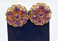 Vintage Amethyst Purple Rhinestone Cluster Clip On Earrings Gold Tone 1960s
