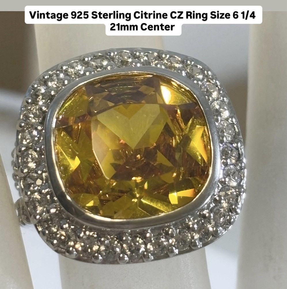 Vintage 925 Sterling CZ Citrine Crystal Ring Size 6 1/4 21mm Center