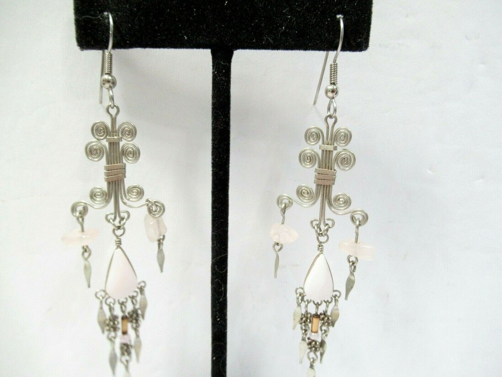 PERUVIAN PIERCED EARRINGS LONG DANGLE PRETTY METAL WORK ROSE QUARTZ GEMSTONE