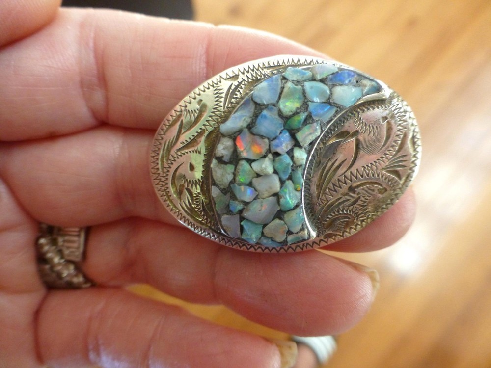 Vintage MCM Scandia Sterling Engraved FIRE OPAL Chip Brooch Pin Mid Century Mod