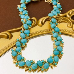 Vintage Turquoise Gold Tone Necklace Bracelet & Earrings Set Statement Jewelry