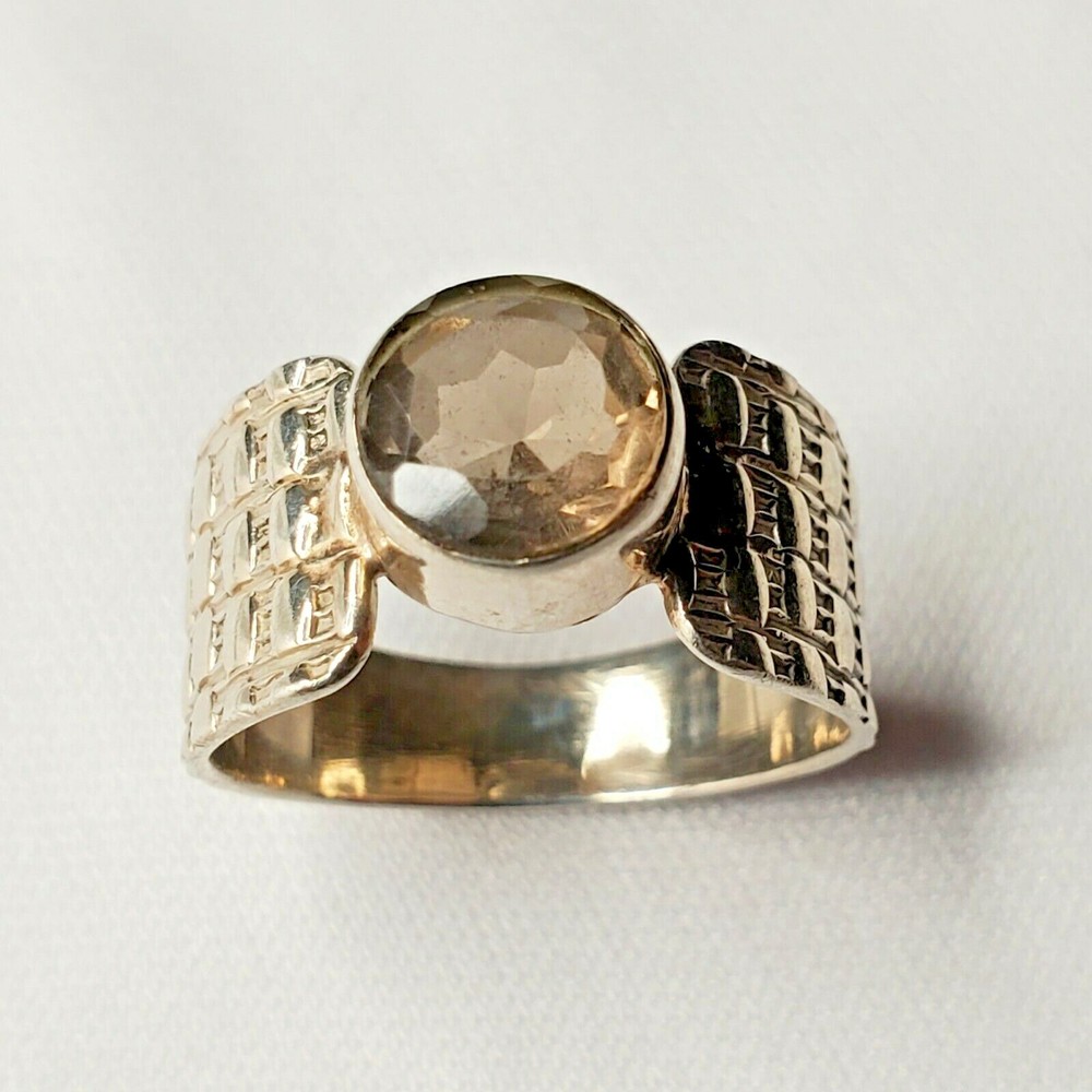 Vintage 925 Sterling Silver Topaz Faceted Flat Silver Dot Etch Ring Size 8.5