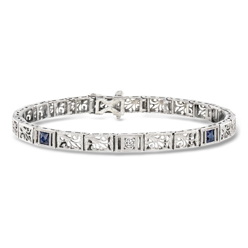 Vint Synth Sapphire Brclt w Single Diamond in 14k White Gold 7 inches