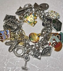LOADED Rare Vintage Silver Metal & Enamel TOPS Charms with Bracelet 8″