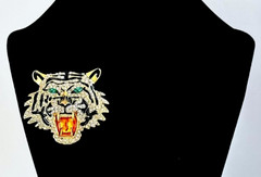 Gold Tone Black Enamel & Rhinestones Tiger Face Brooch Contemporary