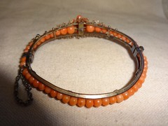 Antique Victorian Mediterranean Coral Sterling Hinged Bracelet Beaded 6.5
