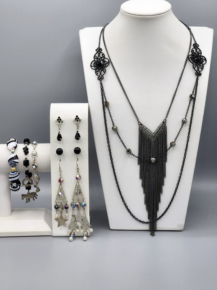Vtg-Mod Jewelry Lot Silver Tone Black Glass Crystal Chain Pendant Necklace
