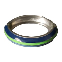 Vintage Blue Green Stripe Enamel Silver Tone Clamp Cuff Bangle Bracelet Clip On