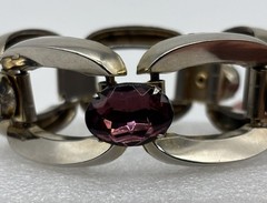 Vintage Modernist-Style Chunky Bracelet Silver-Tone Oval Prong-Set Purple Stones