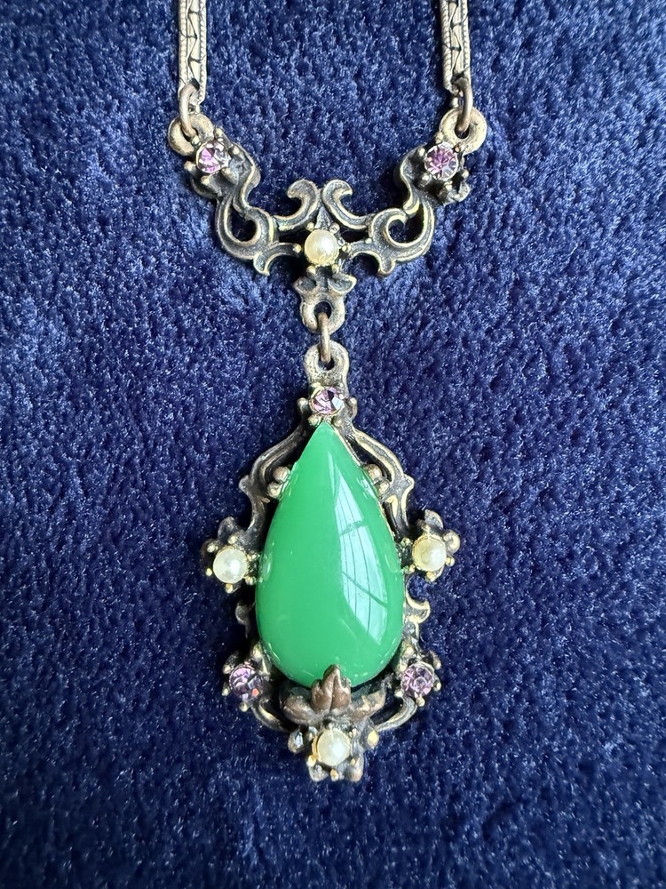 Vintage Art Nouveau Revival Green Cabochon Brass Costume Necklace