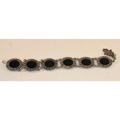Vintage Souvenir Du Maroc Ornate Silver Bracelet w/Black Circles 8-9″
