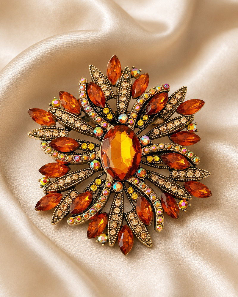 Vintage Amber Crystal Rhinestone Brooch, Antique Gold Tone Statement Pin
