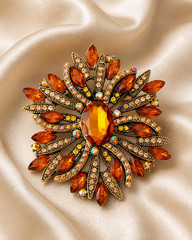 Vintage Amber Crystal Rhinestone Brooch, Antique Gold Tone Statement Pin