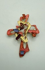 Vintage Christian Lacroix Cross Pendant Brooch Orange Enamel Rhinestone COA Made