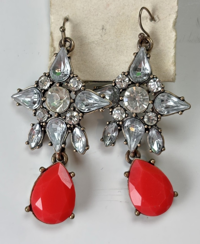 Red Teardrop Chandelier Earrings Crystal Rhinestone Gold Tone-Statement Earrings