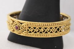 Indian Ornate Gold Tone Bangle Bracelet Hand Made w/ Natural Ruby Stones
