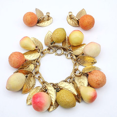 RARE! Napier Fruit Salad Charm Bracelet & Earrings, Peach, Nectarine, Pear Lemon
