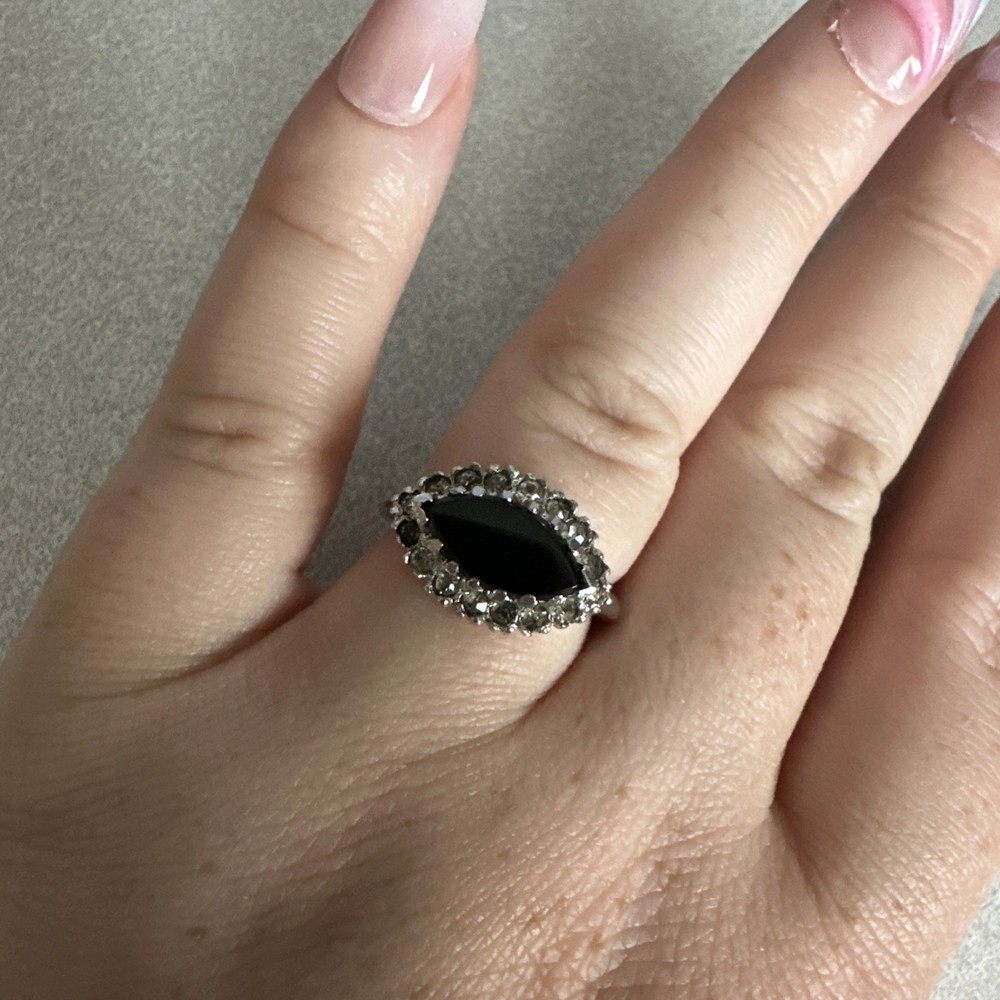 Art Deco Sterling Silver Onyx Ring Cubic Zirconia Size 6 Womens Vintage