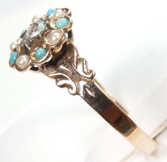 Victorian Art Deco Diamond Engagement Pearl Turquoise 14KY Ring Size 11.75 UK-X