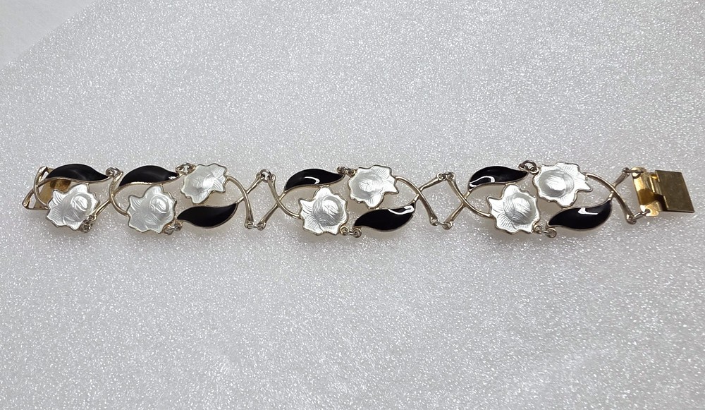 Arne Nordlie Norway Guilloche Enamel Sterling Leaf & Flower Bracelet Black White