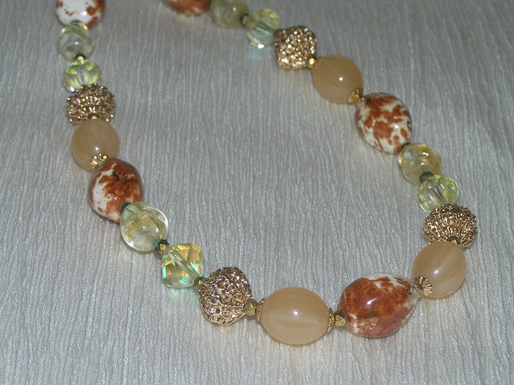 Estate Chunky Plastic Blue Green & Yellow w Faux White Pearl & Goldtone Accents