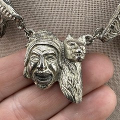 Vintage Peruvian Art Necklace Faces Figural Silver Tone 16”