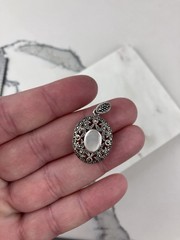 Vintage 925 Sterling Silver Mother Of Pearl Marcasite Deco Oval Pendant