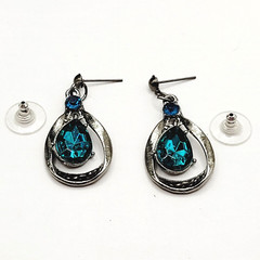 Blue Glass Water Droplet Drop Dangle Silver Tone Sparkly Fancy Pierced Earrings