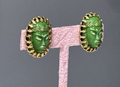 Vintage Green Princess Clip On Earrings Face Mask Gold Tone Germany READ