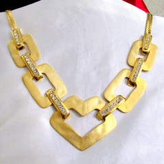 VTG RUNWAY GEOMETRIC SATIN GILT PAVE RHINESTONE MODERNIST/DECO NECKLACE CHIC