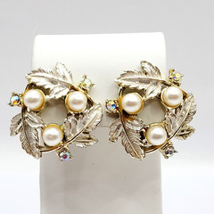 Judy Lee Leaf Leaves Wreath with Faux Pearls & Crystals Vintage Clip On Earrings