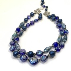 Vintage TRIFARI Cobalt Blue Glass Bead Necklace 2 Tier Peacock Iridescent Silver