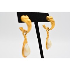 Vintage Dangle Earrings Pearl Teardrop Cabochon Hoop Brushed Gold 1980s BinAG