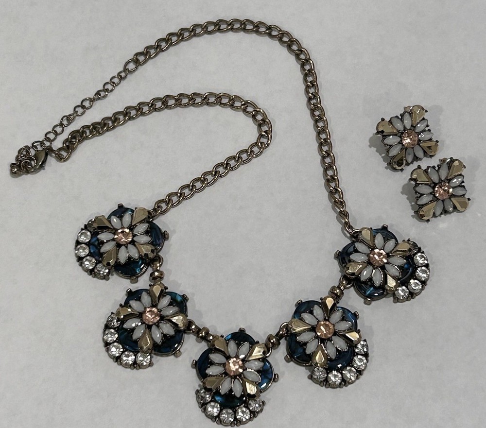 Vintage Costume Jewelry Necklace & Earring Set, Faux Fire Opal Onyx Rhinestone