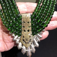 One Of A Kind Statement Necklace..Antique Dress Clip. Green Glass Beads (AS IS)