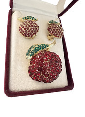 Rare Vintage LA ROCO Gold Tone Red Green Rhinestone Cherry Brooch & Earring Set