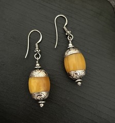 Amber Resin & Sterling Earrings Tribal Beads From Nepal Dangle Style 2” Vtg