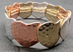 Hammered Heart Bracelet Silver Gold Copper 3 Tone Overlapping Shiny Stretchable