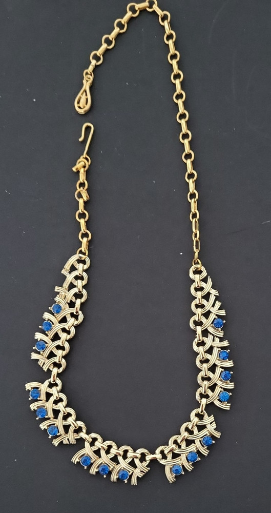 Vintage Gold Tone Blue Rhinestone Choker/Necklace w/Hook Clasp