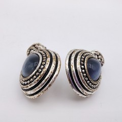 VTG Smoky Gray Cats Eye Moonstone Earrings Clip On Silver Tone Ornate Retro