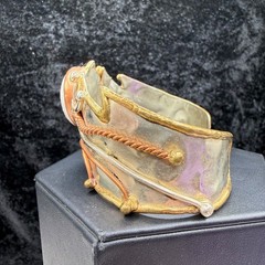 Vintage Brutalist Cuff Bracelet Mixed Metals Polished Stone 6.5”