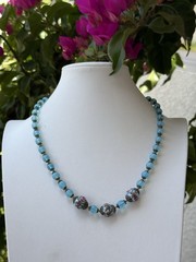 Antique Venetian Murano Wedding Cake Blue Opalescent Glass Beaded Necklace