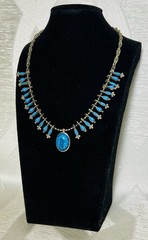 Vintage Turquoise Blue Cabachon Necklace Southwestern Style Fringe Dangle 16”