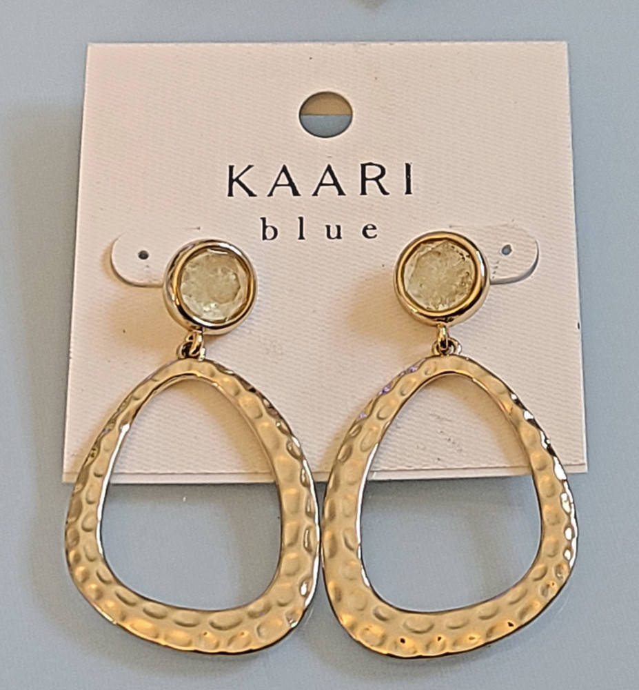 Kaari Blue Gold Tone Hammered Metal Open Teardrop Dangle Earrings 2 INCH OLD STO