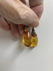 Genuine Vintage Baltic Amber earrings. A Teardrop Design,SS &Carnelian Gem Stone