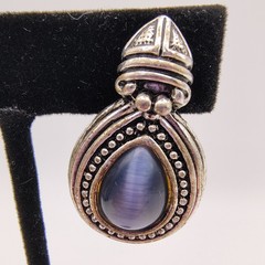 VTG Smoky Gray Cats Eye Moonstone Earrings Clip On Silver Tone Ornate Retro