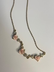 VTG Gold Tone Necklace Pink Rose Beads & Rhinestones Romantic Floral Jewelry 8″