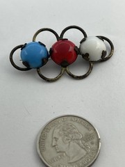 Antique Art Nouveau Red White & Blue Czech Glass Opaque Cabochon Brass Brooch