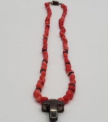 VTG 925 Red Coral Bead 17in Necklace Sterling Silver 15gtw Puffed Open Cross