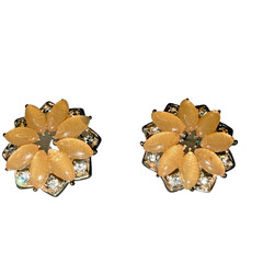 Vintage Early Plastic Earrings Rhinestone Floral Peach Tangerine Color Sparkle